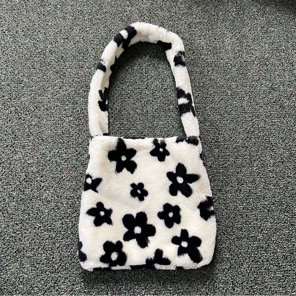 Fuzzy Furry Soft Black & White Floral Cow Print Medium Casual Shoulder Tote Bag - Picture 7 of 16